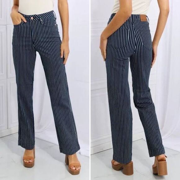 Judy Blue White Stripe Straight Fit Jeans High Rise Tummy Control 29 - Picture 1 of 10